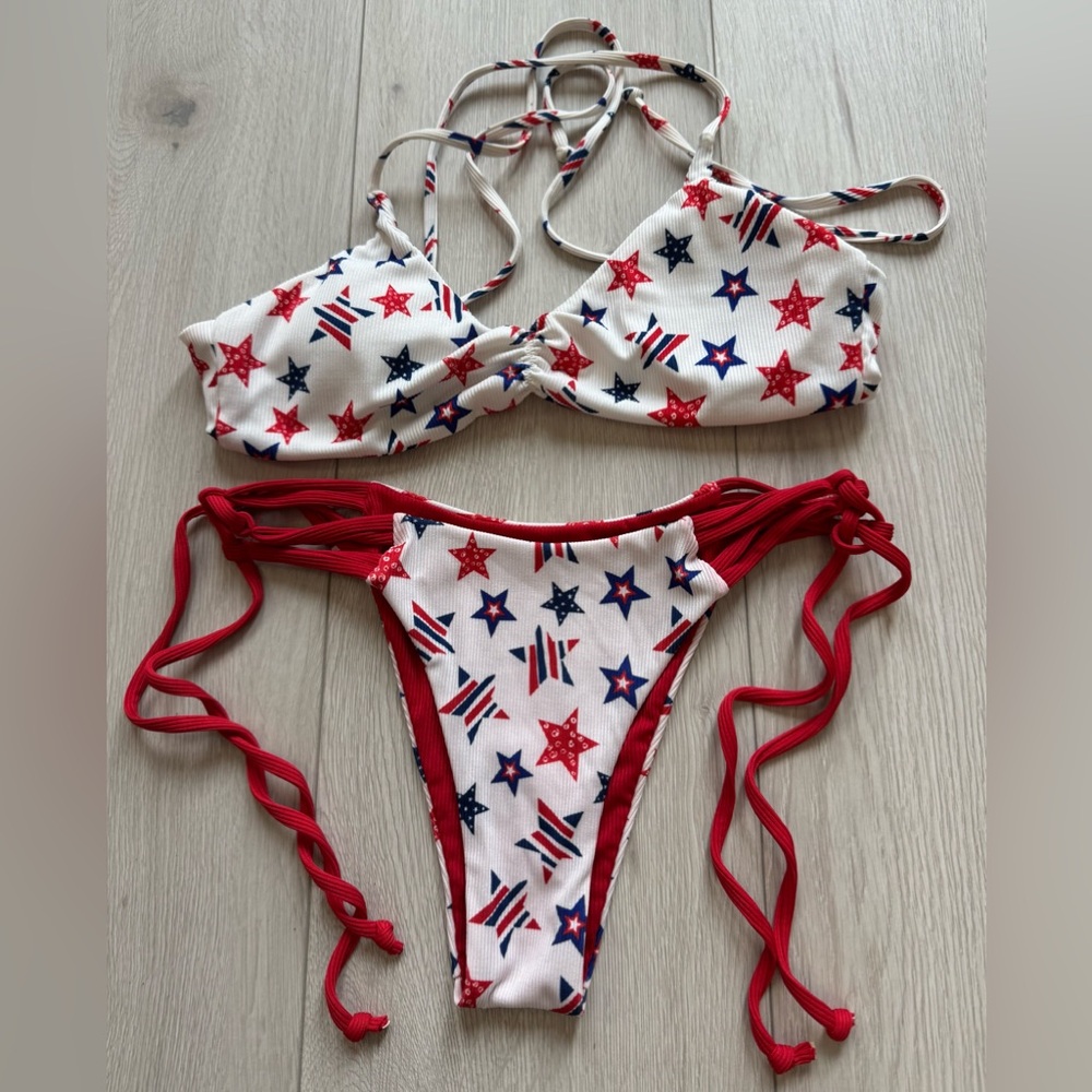 MIZAFUL Bikini Set Patriotic 4th of July Stars Print Reversible Cheeky Bottom